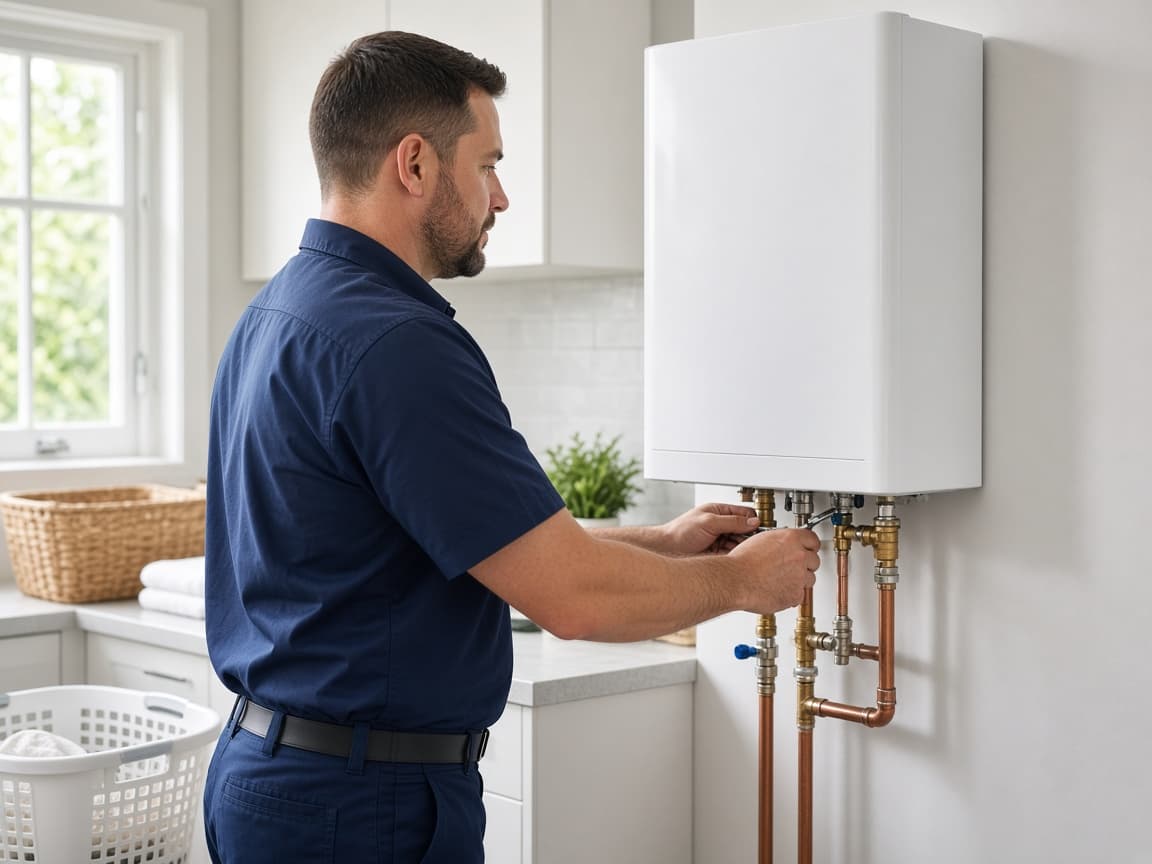 Plumber servicing a tankless water heater in Murfreesboro