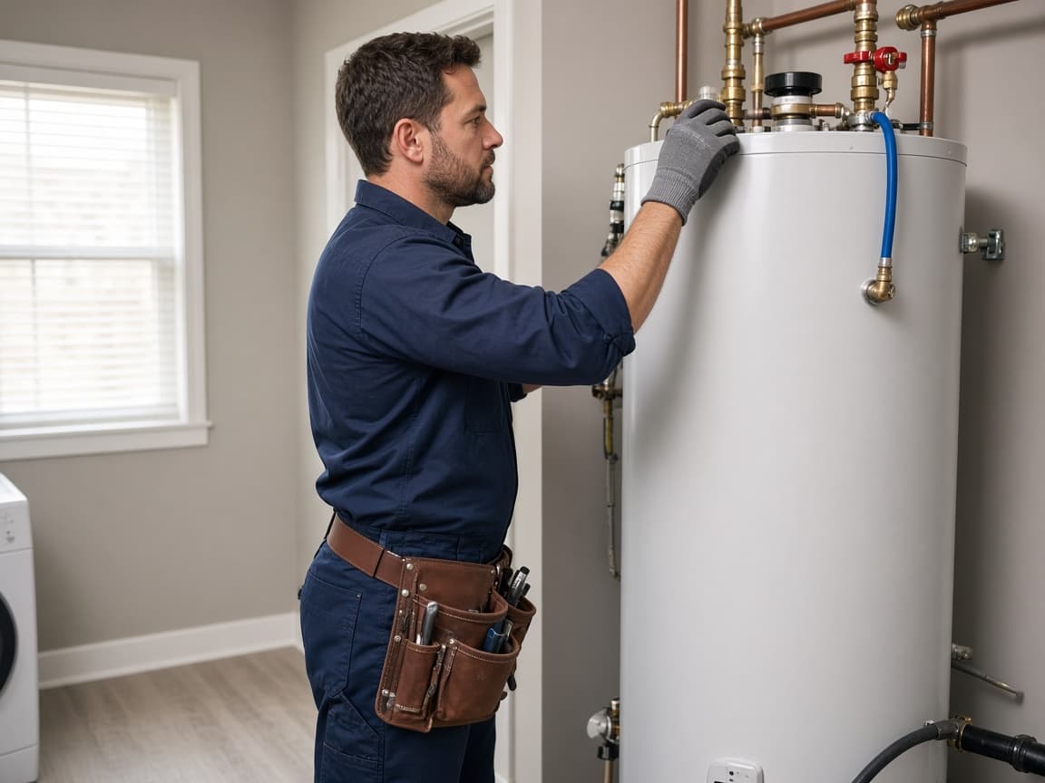 Plumber servicing water heater connections in Gallatin, Tennessee