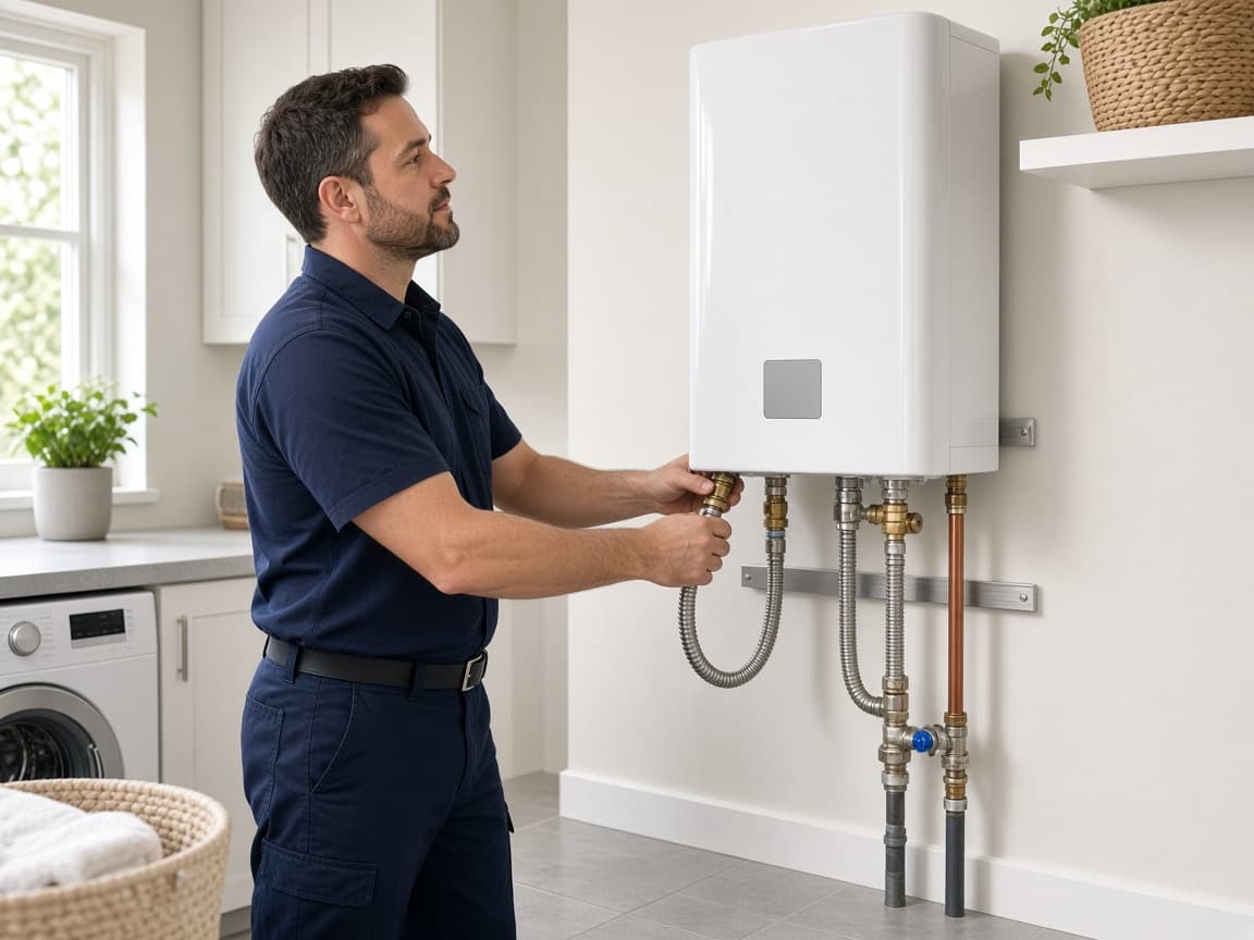 Plumber securing tankless water heater connections in Murfreesboro