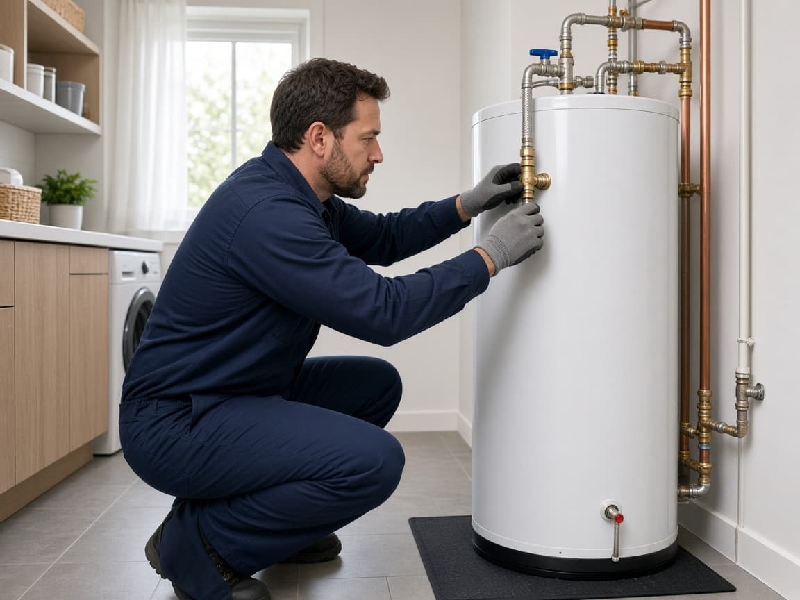 Plumber inspecting water heater connections in Brentwood